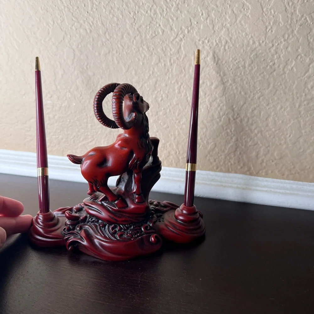 Vintage Red Resin Goat Pen Holder, Mandarin Product, Double Pen Stand
